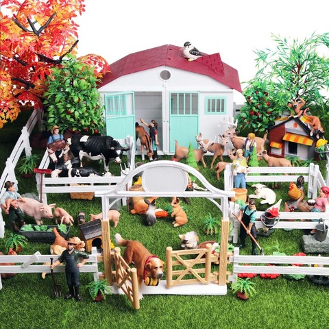 Oenux New Farm House Model Action Figures Farmer Cow Hen Pig Poultry Animals Set Figurine Miniature Cute Educational Kids Toy ► Photo 1/6