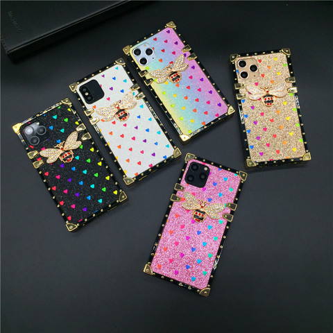 Luxury Square Case for iPhone 12 PRO X XS Max XR Fashion Heart Glitter Bee Cover Phone Cases for iphone 11 PRO MAX 7 8 Plus 6 6S ► Photo 1/6