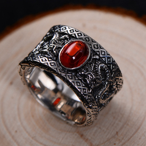 Guananteed S925 Sterling Silver Ring Vintage Garnet Black Agate Double Dragon Play Bead Wide Ring Wholesale ► Photo 1/1