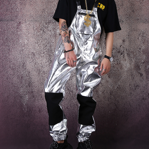 Men Streetwear Hip Hop Punk Silver Leather Overalls Male Shiny Metallic Jumpsuit Pants Fashion Bib Harem Trouser Stage Costume ► Photo 1/5