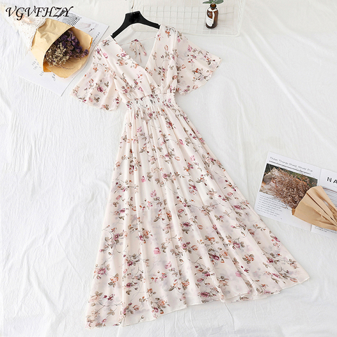 2022 Summer New Women's Beach Dress V-neck Backless Front Slit Irregular Long Dress Mid-calf Flounce Chiffon Dress ► Photo 1/6