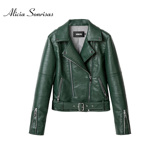 2022 Spring  Autumn Leather Jacket Women Green Short Motorcycle PU Long Sleeve High End Leather 3 Colors Biker Coat HR1018 ► Photo 1/6