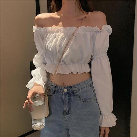 Women Top Sexy Blouse Off Shoulder Top Long Sleeve Solid Color White Shirt Puff Sleeve Ruffle Tunic Crop Top Summer Tube Top ► Photo 1/6