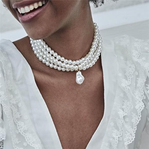 Ingemark Fashion Multilayer White Imitation Pearl Choker with Metal Slice Fixation Wide Bib Necklace Jewelry for Charm Women ► Photo 1/6