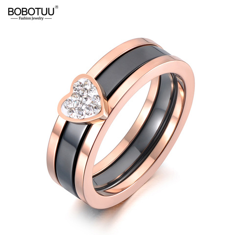 BOBOTUU Titanium Stainless Steel Ceramic Crystal 2 In 1 Heart Wedding Ring Trendy Anniversary Rings Jewelry For Women BR19100 ► Photo 1/6