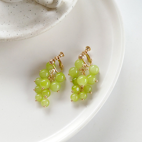 Japanese Style Girls fresh Green Grapes Bunch Clip on Earrings Round Crystal Grape Shape Earrings No Piercing Ears For Women ► Photo 1/6