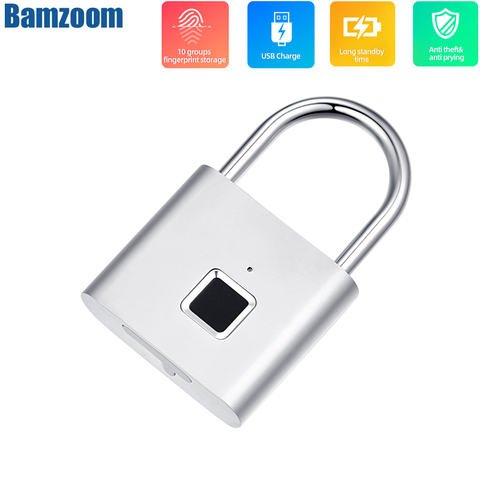 Silver Fingerprint Lock Smart Padlock Thumbprint Door Padlocks Portable Anti-Theft Fingerprint Lock for Bag Drawer Suitcase ► Photo 1/6