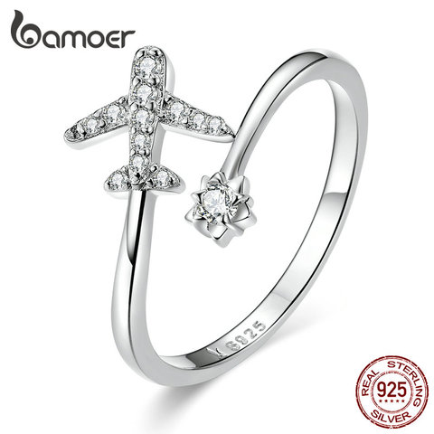 bamoer Genuine 925 Sterling Silver Flying Plane Open Finger Rings for Women Clear CZ Adjustable Rings Fine Jewelry Bijoux SCR623 ► Photo 1/6