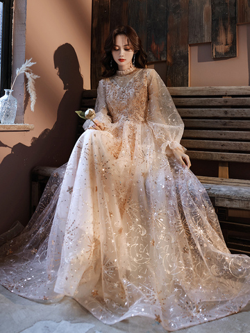 Gorgeous Champagne High Collar Long Sleeve Brideamaid Dress Beading Sequins A Line Formal Evening Dress For Wedding Party ► Photo 1/6
