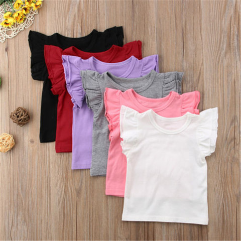 Little Girl summer pure t shirt kid child ruffles sleeve clothes t-shirts baby girl children t shirts solid color wholesale ► Photo 1/6