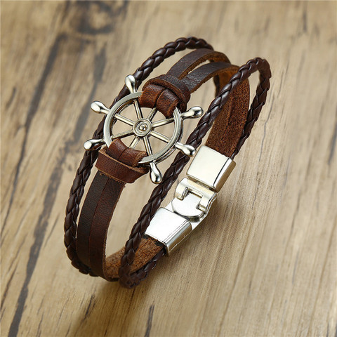 ZORCVENS 2022 New Fashion Vintage Rudder Charm Bracelet for Men Multi-layer Leather Rope Bracelets Bangles ► Photo 1/6