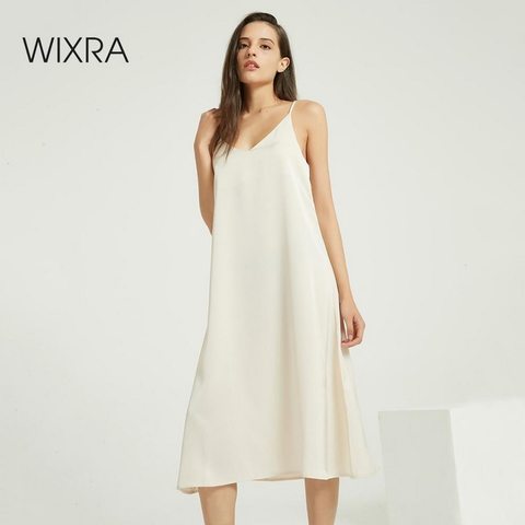 Wixra Sexy Strap Backless Satin Dress Loose Dresses Spring Summer New Sleeveless Basic Solid Womens Clothing ► Photo 1/6