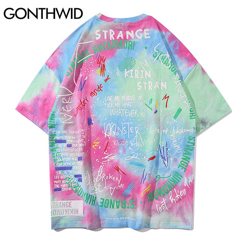 GONTHWID Tie Dye Tees Shirts Streetwear Hip Hop Graffiti Print Short Sleeve Tshirts Mens Harajuku Hipster Casual Tops Fashion ► Photo 1/6