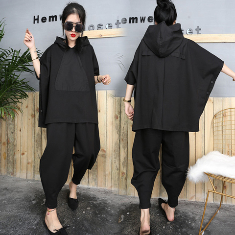 2022 Black Hip Hop 2 Piece Set Autumn Oversized Tracksuit Hooded Tops + Harem Pants Women Suit Female Cloak Bat Shirt Clothing ► Photo 1/6