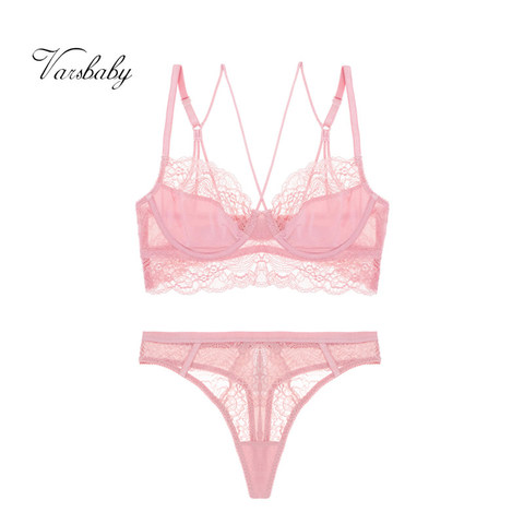 Varsbaby sexy deep V unlined hollow underwear 3/4 cup floral lace bras and thongs set for women ► Photo 1/6