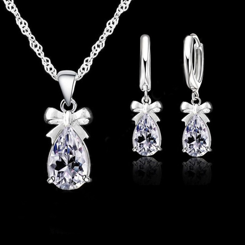 New Gift Set 925 Real 925 Sterling Silver With White Stone Cubic Zirconia Dangle Earring Pendant Necklace Woman Jewelry Set ► Photo 1/1