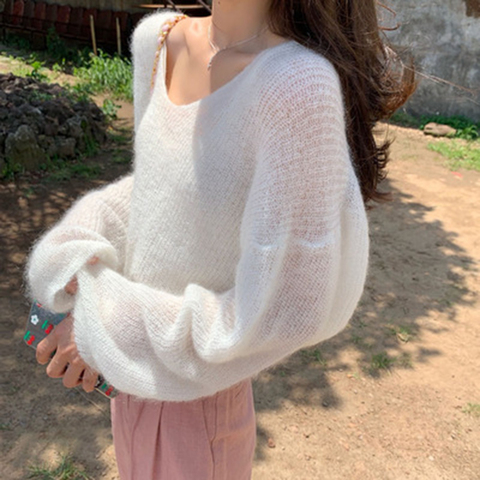 Women Solid Color Mohair Knitted Sweater V Neck Sweet Sweater Autumn Winter Pullover Loose Long-sleeve Sweaters ► Photo 1/6