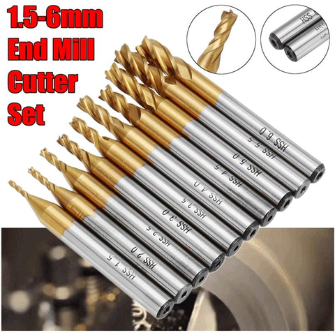 10pcs Titanium Coating Milling Cutter Set 1.5-6.0mm HSS 4 Flute Metric End Mill Cutter 6mm Straight Shank CNC Drill Bits ► Photo 1/6