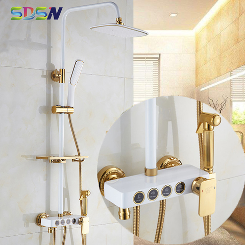 Bath Shower Set White Gold Shower System Quality Brass Bathtub Faucet Copper Gold Bath Bidet Rainfall Bathroom Shower Mixer Set ► Photo 1/6