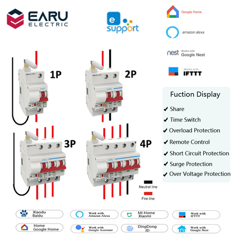 1P 2P 3P 4P 10A-125A Wireless Smart WIFI Circuit Breaker Timer eWelink APP Vioce Remote Control Switch Amazon Alexa Google Home ► Photo 1/6