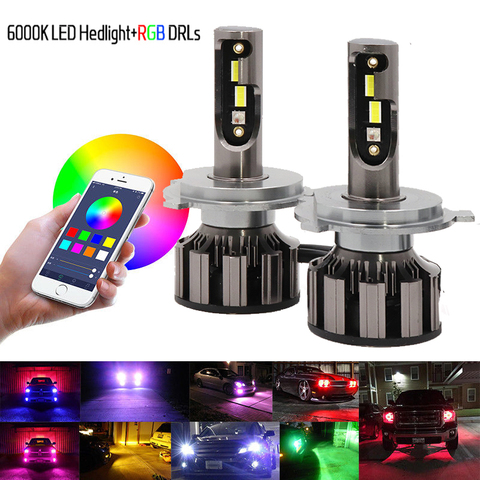 Pair H7 RGB LED Headlight H1 APP Bluetooth Control H3 H4 H8 H11 Multi Colors LED Bulbs 9005 9006 For Camry Ford BMW ► Photo 1/6