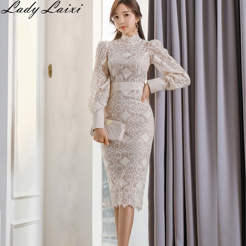 2022 Summer Elegant Slim Bodycon Lace Dress Women stand neck Long Sleeve Sexy Work Casual Party Dresses New OL Pencil Vestidos ► Photo 1/6