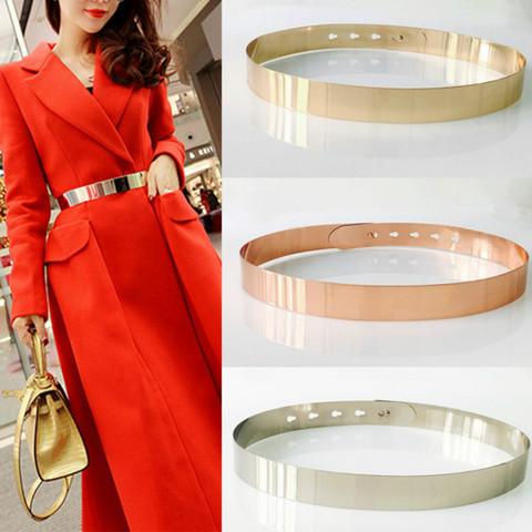 Fashion Women Adjustable Metal Waist Belt Bling Gold Silver Color Plate Vintage Lady Simple Belts Mirror Waistband ► Photo 1/6