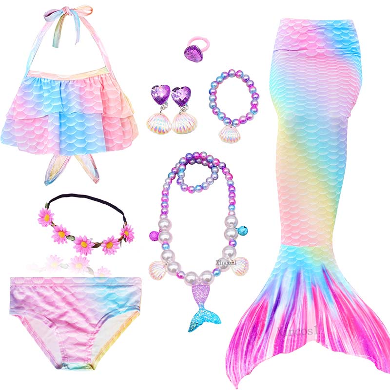 Swimmable Swimwear Kids Girls Mermaid Tail with Monofin Bikini Filppers Sets 
