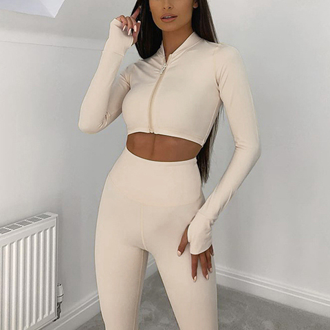 Long Sleeve Tracksuit Sport Set Women Sportswear 2022 Home Yoga Suit for Fitness Clothing Workout Clothes Femme Khaki Black Red ► Photo 1/6
