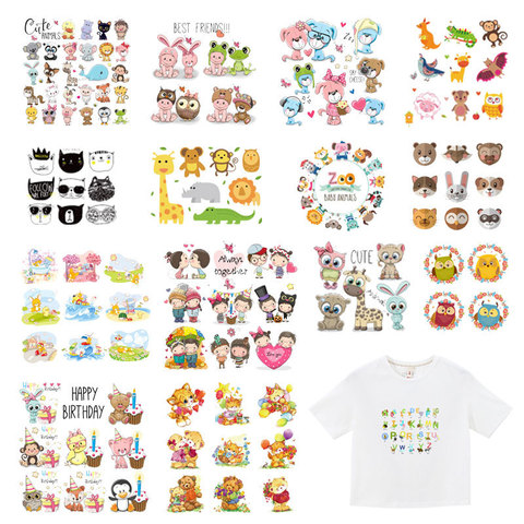 Cartoon Cute Animal Patch Set Heat Transfer Stickers Stripes for Clothing Kids T-shirt Unicorn Cat Girl Owl Patches for Clothes ► Photo 1/6