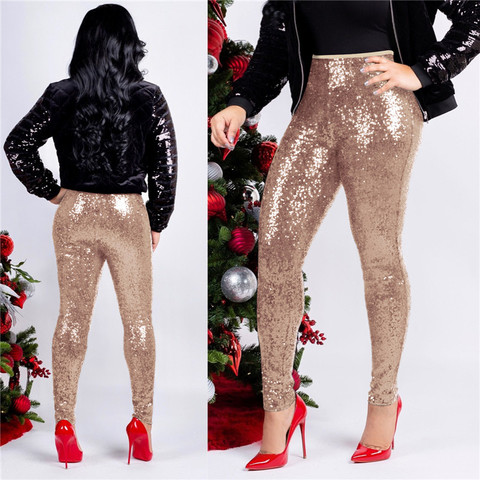 Women Rose Gold Sequin Pants Ladies Trousers Winter Slim Shiny Skinny Pencil Pants Sparkly Christmas Party Glitter Legging Pants ► Photo 1/6