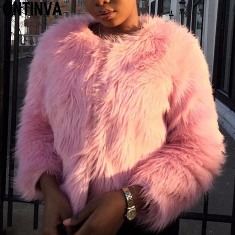 Pink Furry Fur Coat for Women White Fluffy Warm Lady Long Sleeve Female Outerwear Autumn Winter Coat Jacket Collarless Overcoat ► Photo 1/6