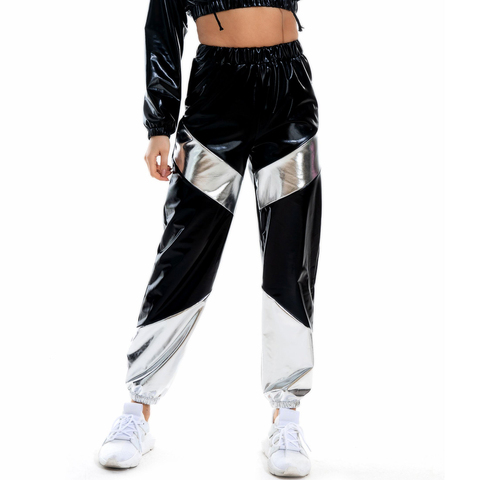 Women Reflective Long Pants with Pockets High Waist Loose Holographic Patchwork Trousers Club Dance Jogger Pants Clubwear ► Photo 1/6