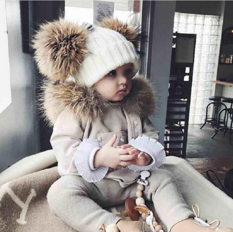 children's winter toddler baby kids faux fur hat cap beanie with 2 two double pom poms pompom ears  funny hat for boys and girls ► Photo 1/6