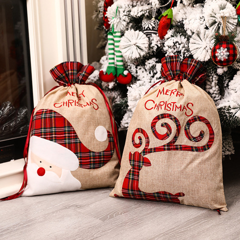 Christmas Candy Gift Big Bag Cute Christmas Linen Tote Bag Lattice Side Drawstring Pocket Gift for Children ► Photo 1/6