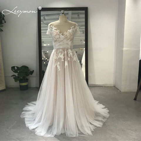 Leeymon A Line Tulle Wedding Dress Lace Appliques Beadings Floor-Length Boat Neck Bridal Gown Robe de Mariee ► Photo 1/6