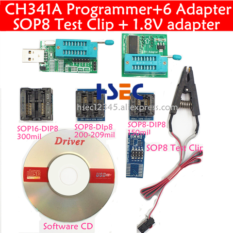 New ch341a bios usb programmer sop8 test clip soic8 sop16 1.8V adapter w25q64 mx25l6405 mx25l6405d 24 25 usb eeprom programmer ► Photo 1/6