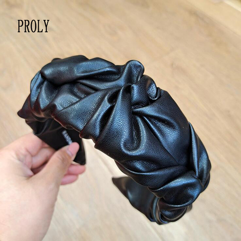 PROLY New Fashion Women Hair Accessories Wide Side Pleated Artificial Leather Headband Casual Solid Hairband Adult Headwear ► Photo 1/6