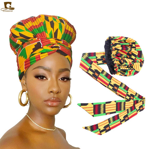 African pattern satin linned bonnet With Long Ribbon headwrap Double Layer Headwrap headscarf Ankara Big Size Women Hair Cover ► Photo 1/6