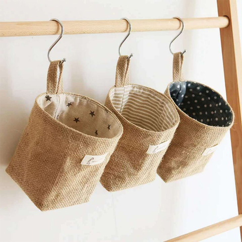Jute Cotton Linen Bag Desktop Storage Basket Hanging Pocket Small Sack Sundries Storage Box With Handle Cosmetic Storage Bag ► Photo 1/6