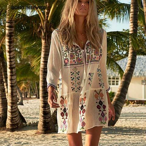 BOHO INSPIRED Floral Embroidered bohemian chic women's summer dress tassel tied white sleeve beach dress female vestidos 2017 ► Photo 1/1