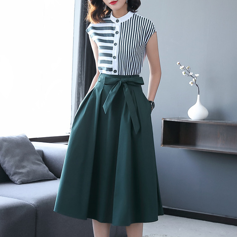 Summer Women Office Two Piece Set Casual Striped Shirts Blouses and Bow Midi Skirt Female Business Formal Skirt Suit Sets ► Photo 1/5