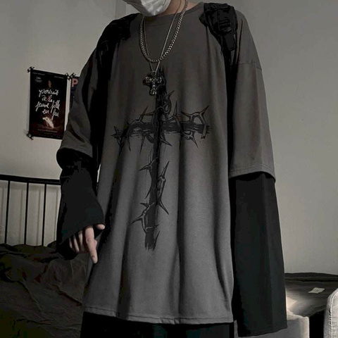 T-shirt Cross of Thorns Fake Two-piece Men Women Long-sleeved Dark Hip-hop Loose Large Size Autumn New Trend Top Simplicity Male ► Photo 1/5