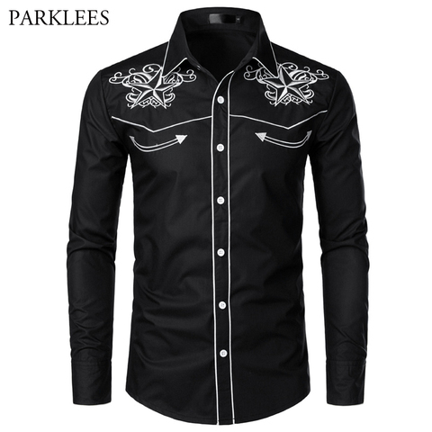 Black Embroidery Shirt Men 2022 Brand New Star Mens Button Down Shirts Men's Long Sleeve Dress Shirts Chemise Homme Camisa XXL ► Photo 1/6