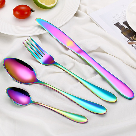 2022 Multi-Colors Rainbow Cutlery Set Dinnerware Set Black Cutlery Kit Fork Knife Stainless Steel Silverware Home Tableware Set ► Photo 1/6