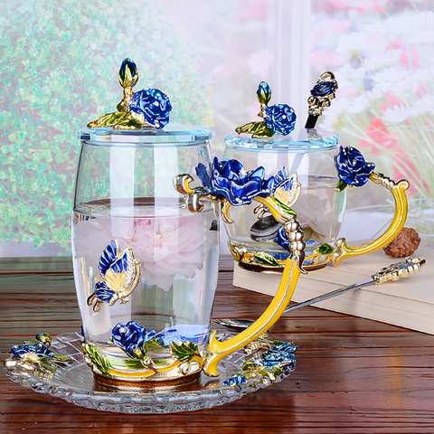 Creative Blue Rose Enamel Crystal Tea Cup Coffee Mug Butterfly Rose Painted Flower Water Cups Clear Glass with Spoon Set ► Photo 1/6