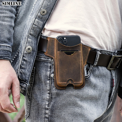 SIMLINE Genuine Leather Waist Cellphone Bag For IPhone 12 Mini Men Vintage Portable Mobile Phone Cover Case Holder Belt Holster ► Photo 1/6