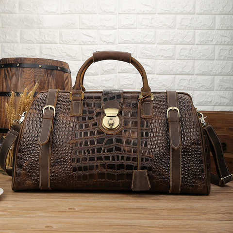 Luufan Vintage Genuine Leather Mens Travel Bag Big Capacity Crocodile Travel Duffle Bag Carry On Luggage Overnight Alligator Bag ► Photo 1/6