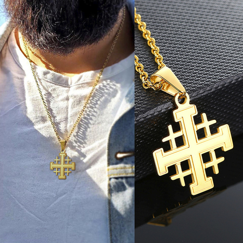 JERUSALEM CROSS NECKLACE FOR MEN GOLD  COLOR STAINLESS STEEL PENDANT ISRAEL JEWELS WITH 24 INCH ► Photo 1/6