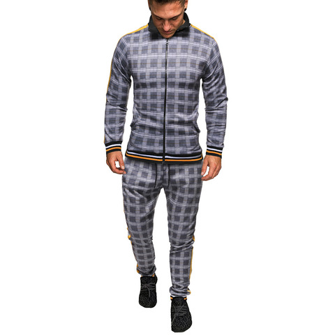 tracksuit men spring autumn fashion Plaid tracksuit casual 2 Pieces Sets Men's jacket+pants men's sportswear sports suit ► Photo 1/5